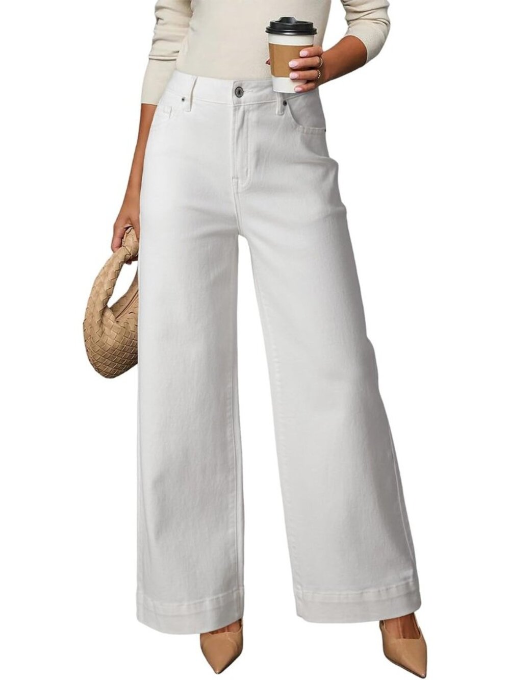 Women's White High Waisted Jeans Stretch Wide Leg Loose Denim Baggy Jeans Pant